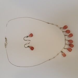 SET: Silver Tone Chain with Pink Teardrop Beads Necklace & Earrings